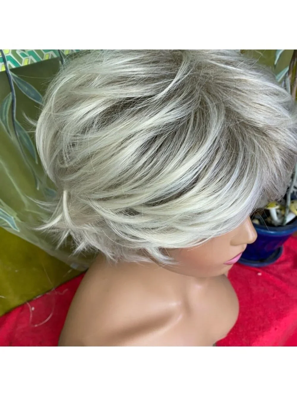 ash platinum blonde rooted shaggy pixie bob wig
